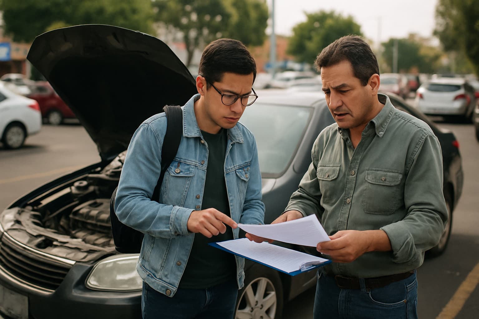 Buyer checking a used car and its paperwork in a busy public parking area during daylight