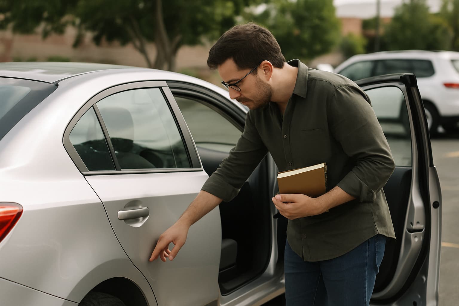 A person inspecting a used Nissan Versa in a parking area, focusing on the interior and gear selector.